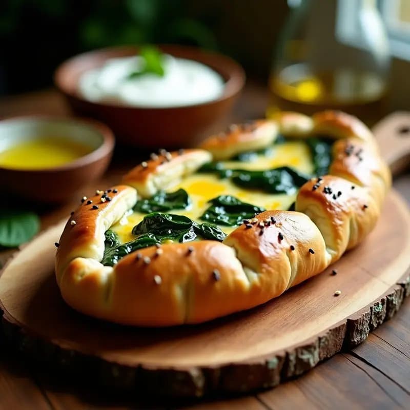 Pide turca dorada en forma de barco con relleno de queso hellim fundido y espinacas, espolvoreada con semillas de sésamo negro, sobre una bandeja de madera rústica.