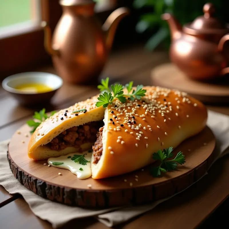 Pide turco dorado y crujiente relleno de carne picada especiada y queso akkawi fundido, espolvoreado con semillas de sésamo, sobre una bandeja de horno rústica con hierbas frescas al lado.