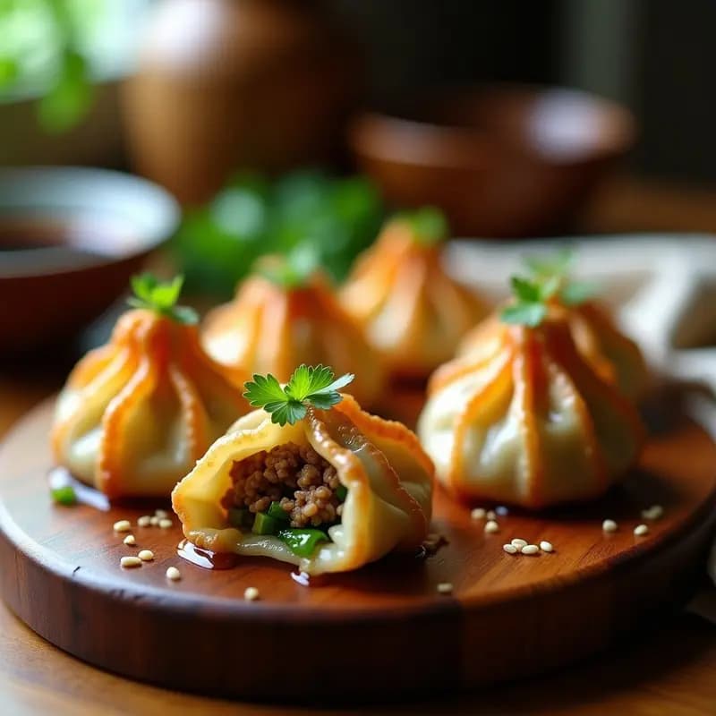 Piding Shanghai de cerdo y repollo al horno sin gluten: empanadas chinas doradas y crujientes con relleno jugoso, servidas en bandeja de madera con semillas de sésamo y cilantro fresco.