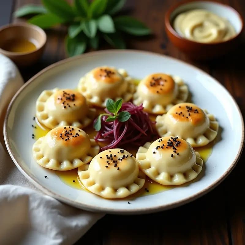 Plato blanco con pierogi de espinacas y queso de anacardos veganos, dorados y brillantes, servidos con cebolla morada caramelizada y perejil fresco picado, receta polaca en Thermomix.