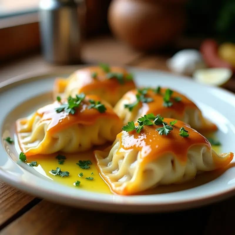 Plato de madera rústico con pierogi polacos de patata y cebolla dorados, bañados en mantequilla de ajo brillante, decorados con cebollino fresco y acompañados de crema agria. Receta tradicional en 30 minutos.