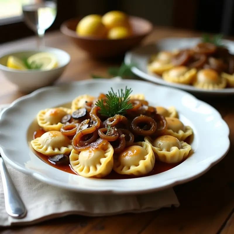 Plato de pierogi ucranianos veganos de patata y queso de anacardos, servidos con cebolla morada caramelizada y champiñones salteados, sobre un mantel rústico de lino.