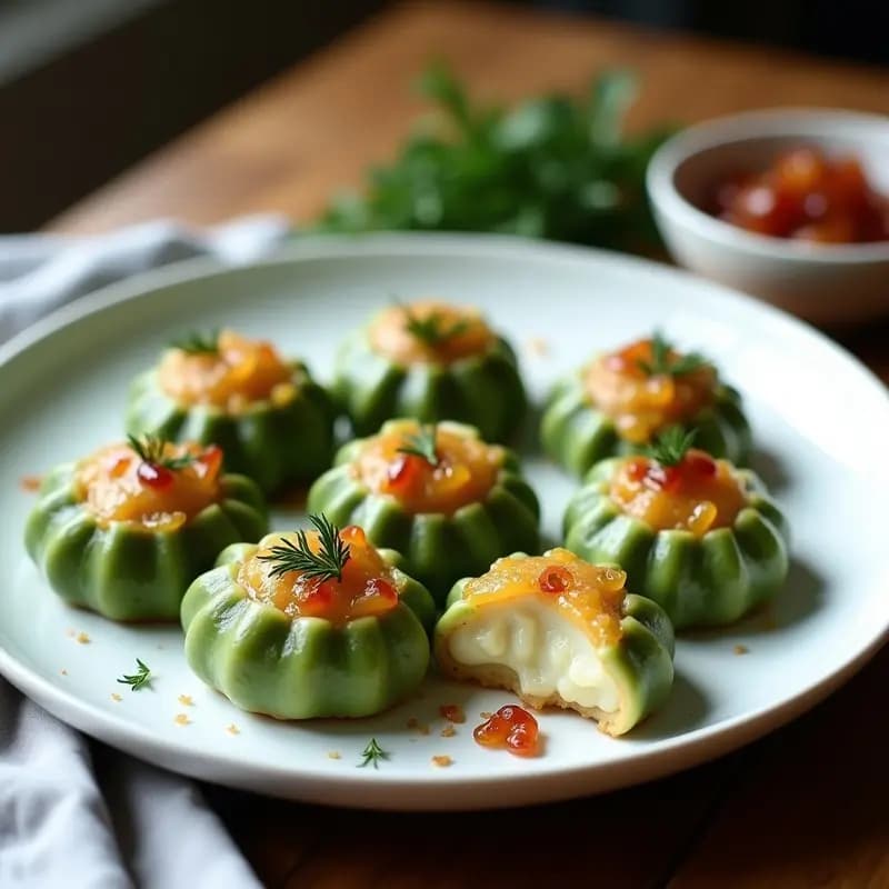 Plato blanco con pierogi polacos veganos de masa verde de espinaca rellenos de patata y queso feta, dorados por fuera y servidos con salsa cremosa de ajo negro y yogur de soja. Al fondo, espinacas frescas y hierbas provenzales como decoración.