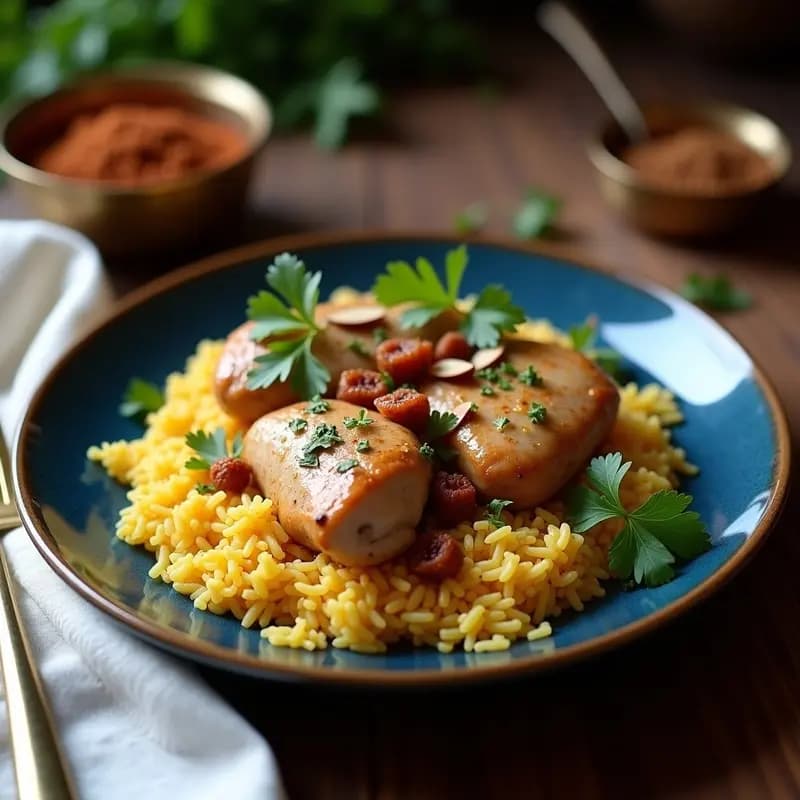 Plato tradicional iraní Pilfe con muslos de pollo dorados, arroz basmati esponjoso y especias pérsicas, decorado con almendras tostadas, pasas y cilantro fresco, servido en plato de cerámica azul con bordes dorados.