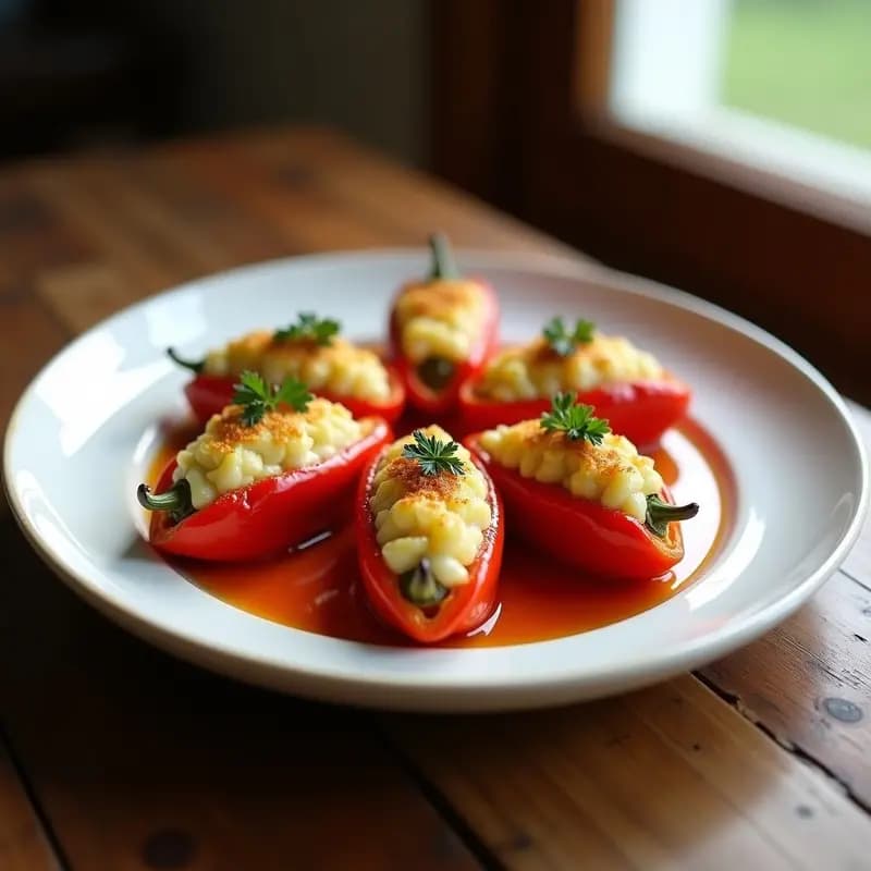 Plato de pimentones del piquillo rojos rellenos de brandada de bacalao cremosa, horneados y dorados, decorados con perejil fresco sobre fondo rústico de madera, receta tradicional murciana sin lactosa.
