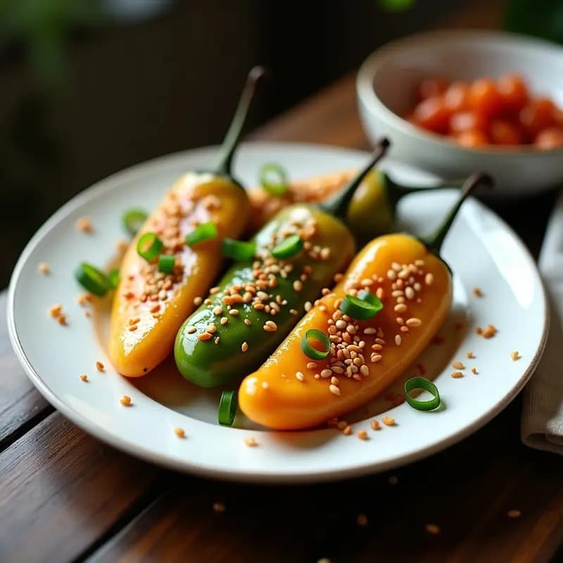 Pimientas de Padrón doradas y crujientes en un plato de cerámica negra, espolvoreadas con sal de Korean BBQ, semillas de sésamo y cebollino picado, con un fondo borroso de cocina moderna y luz cálida que resalta los colores vibrantes de la receta de Pimienta de Padrón con Sal de Korean BBQ en Airfryer.