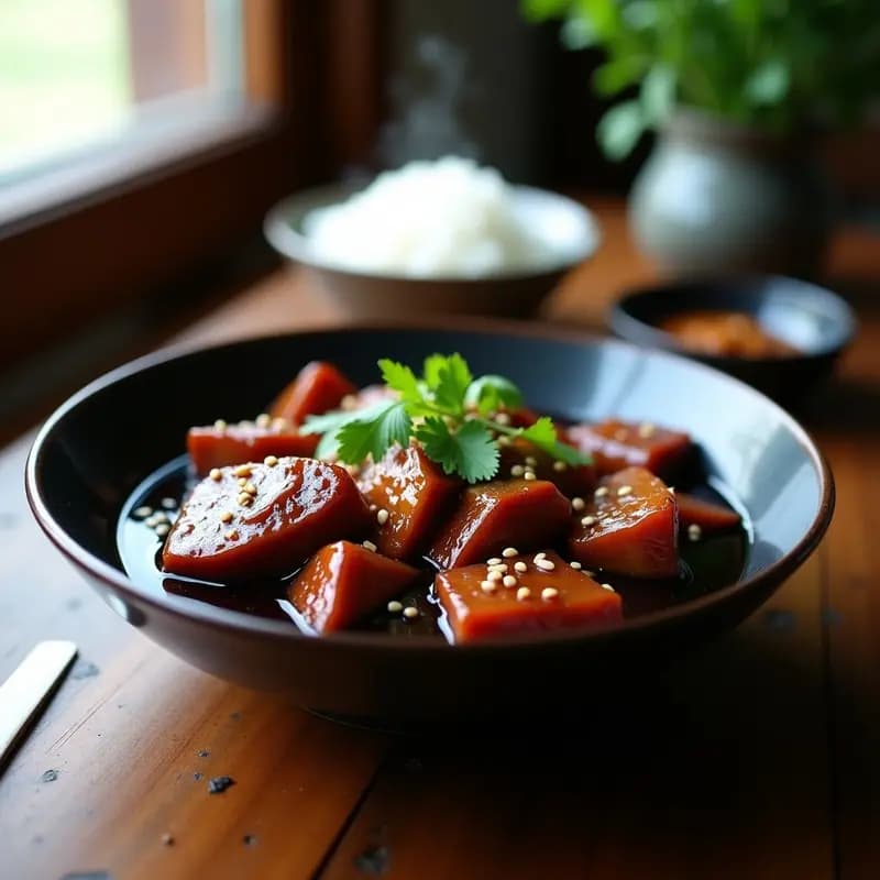 Pato estofado en salsa espesa de ciruela negra, con trozos dorados de muslo de pato, decorado con semillas de sésamo y cilantro fresco. Plato tradicional chino en bowl de cerámica oscura, sobre fondo rústico de madera.