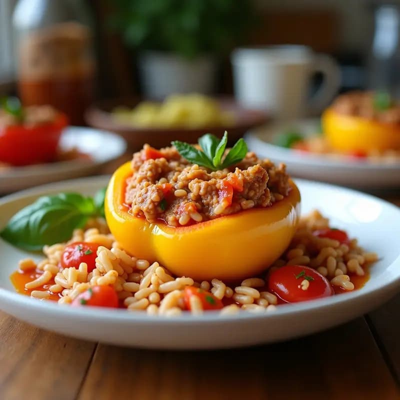 Pimientos verdes rellenos de arroz y atún horneados, con queso gratinado y decorados con perejil fresco. Plato tradicional vasco con toque mediterráneo servido en fuente de barro.