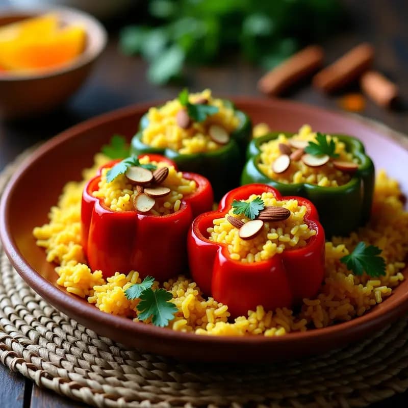 Pimientos morrones rojos asados rellenos de arroz basmati amarillo con carnel de res desmenuzado, decorados con cilantro fresco y servidos en un plato de barro rústico, receta mexicana con toque indio.
