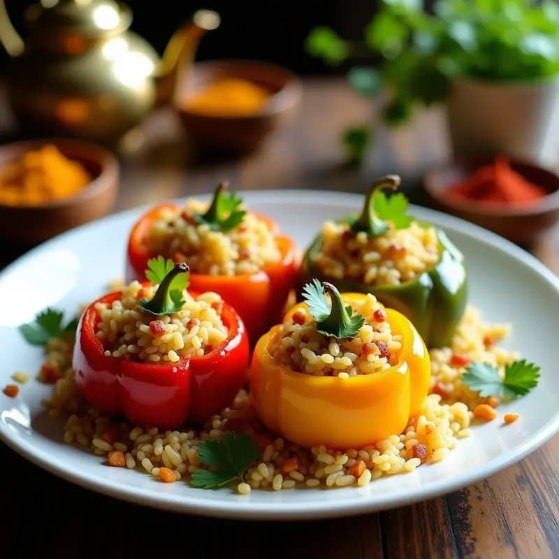 Plato de pimienta rellena de arroz basmati y pasas, receta iraní vegana y especiada, con almendras y cilantro fresco, servida en fuente de barro sobre fondo rústico.