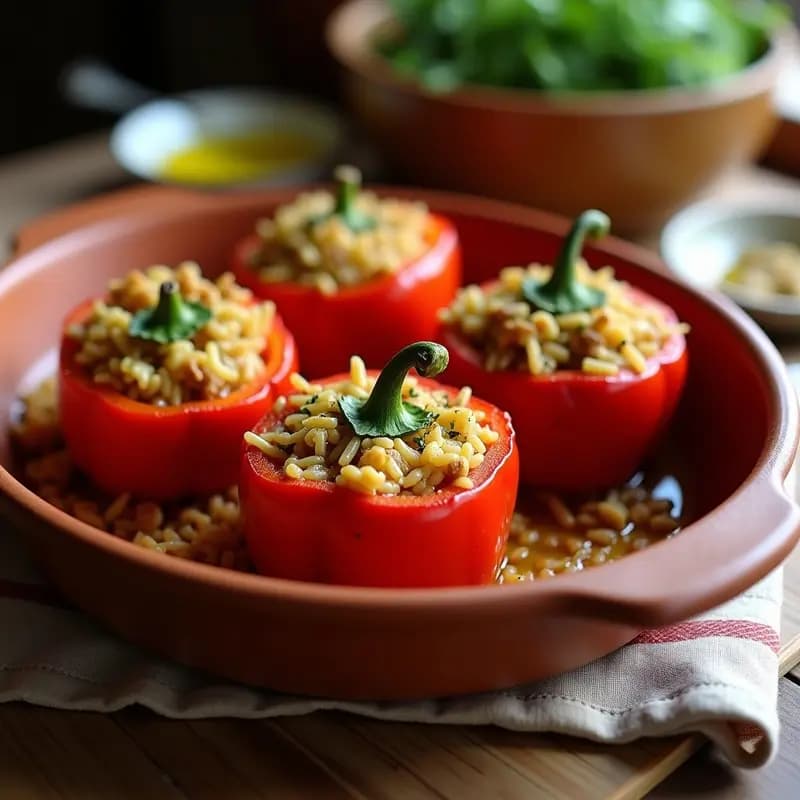 Pimientas morrones rellenas de arroz basmati con pasas rubias y nueces, horneadas hasta dorarse, servidas en fuente de barro con hierbabuena fresca como decoración, receta húngara tradicional.