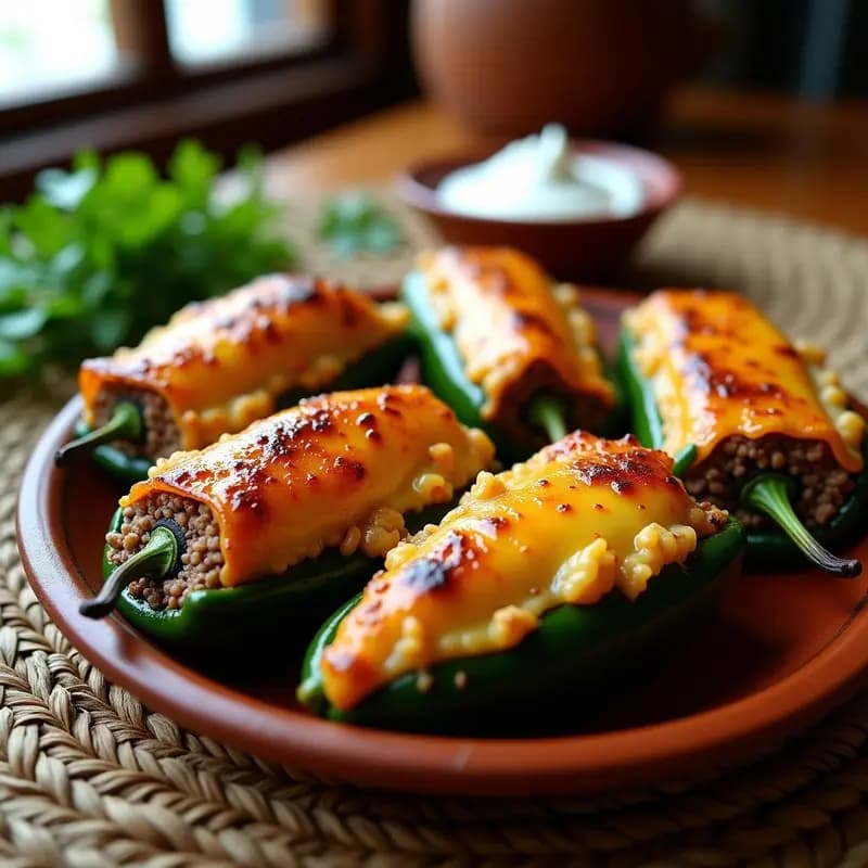 Chiles poblanos asados rellenos de carne molida especiada y arroz, gratinados con queso Oaxaca derretido, servidos en plato de barro sobre fondo rústico. Receta de pimienta rellena de carne molida y arroz al horno, picante y económica.