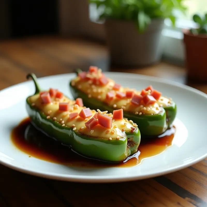 Pimientas verdes largas rellenas de queso mozzarella fundido y jamón serrano, salteadas en wok con salsa brillante de soja y sésamo, servidas en plato blanco con semillas de sésamo espolvoreadas.