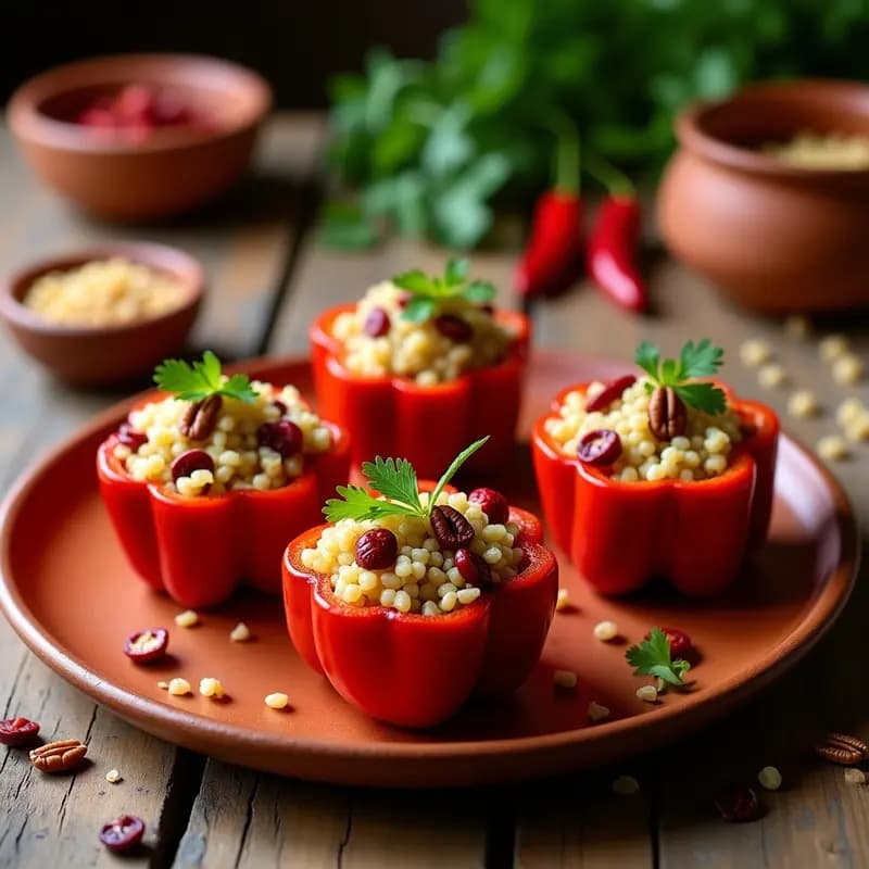 Pimienta morrón asada rellena de quinoa con arándanos secos, almendras y cilantro, decorada con miel de agave y queso cotija desmenuzado sobre fondo rústico de madera, receta mexicana dulce-salada.