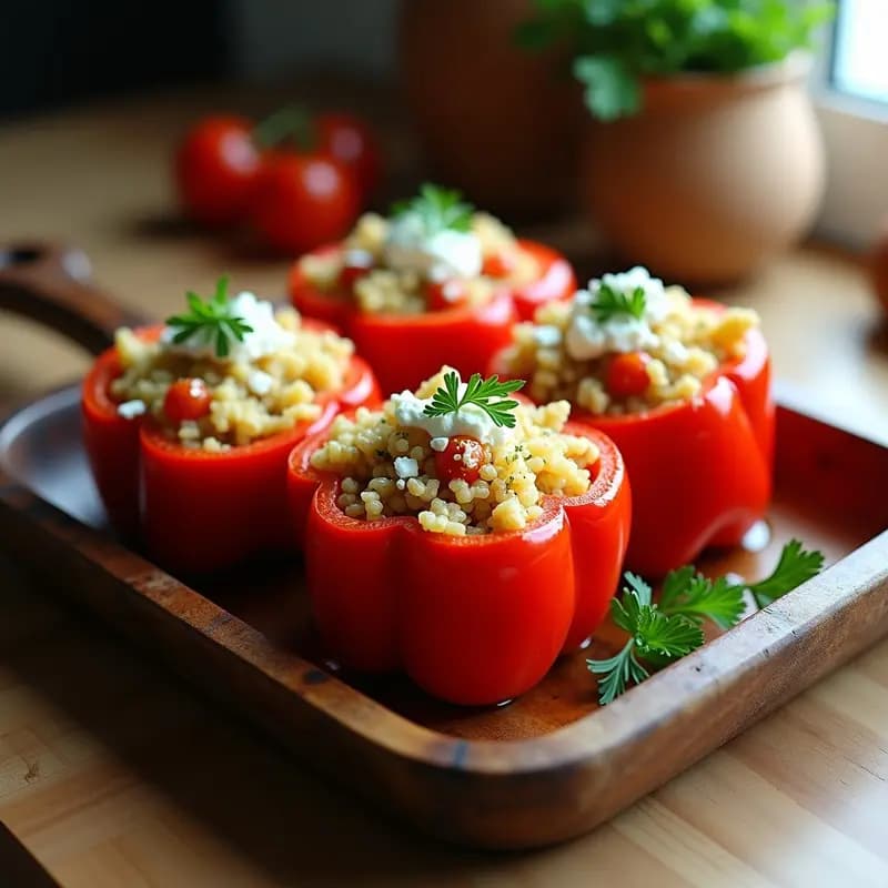 Pimientos corazón de buey rellenos de quinoa tricolor y merluza desmenuzada, horneados al vapor con pimentón de Kalocsa, decorados con perifollo fresco y limón, sobre una bandeja de madera rústica con fondo de cocina húngara tradicional.