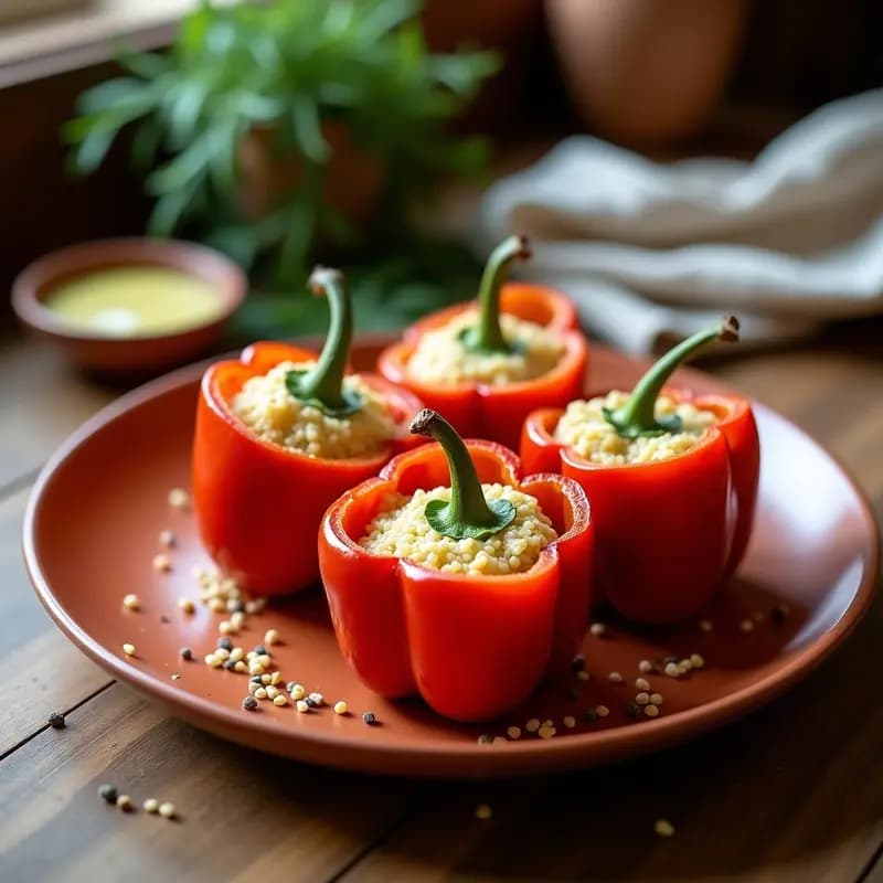 Pimientos morrones rojos asados abiertos, rellenos de una mezcla dorada de quinoa, queso de cabra desmenuzado y almendras fileteadas, espolvoreados con perejil fresco sobre una bandeja de horno rústica, receta húngara de pimienta rellena sin carne.