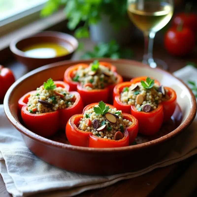Pimientas rojas asadas rellenas de quinoa, col rizada y zanahoria morada, horneadas y decoradas con perejil fresco y piñones tostados, receta húngara vegana y baja en calorías.