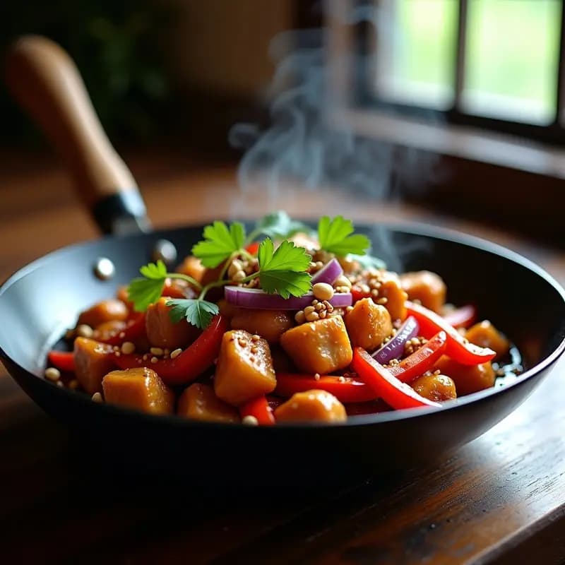 Wok de acero con pollo dorado salteado con pimienta de Sichuan, cacahuetes tostados y verduras coloridas, servido sobre una base de hojas de cilantro. Receta china keto con textura crujiente y sabores intensos.
