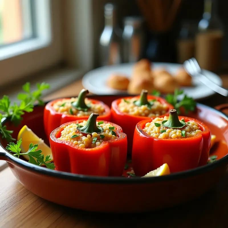 Fuente de barro con cuatro pimientos rojos asados rellenos de arroz y marisco, dorados al horno, con perejil fresco espolvoreado y rodajas de limón al lado. Receta tradicional de pimiento relleno de marisco y arroz de la costa española.