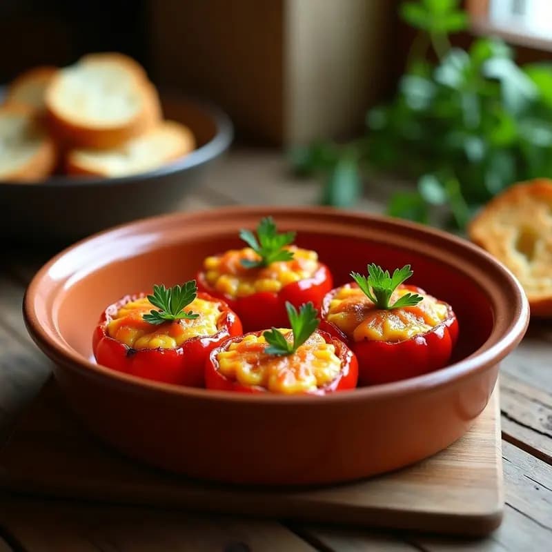 Fuente de barro con pimientos del piquillo asados rellenos de brandada de bacalao cremosa, decorados con perejil fresco y acompañados de pan tostado, típico aperitivo tradicional del Levante español.