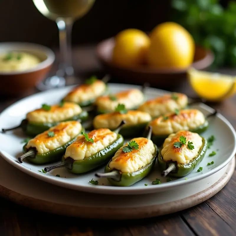 Plato blanco rústico con pimientos de padrón rellenos de brandada de bacalao dorados, espolvoreados con perejil fresco y acompañados de una rodaja de limón, receta de tapa gallega innovadora.