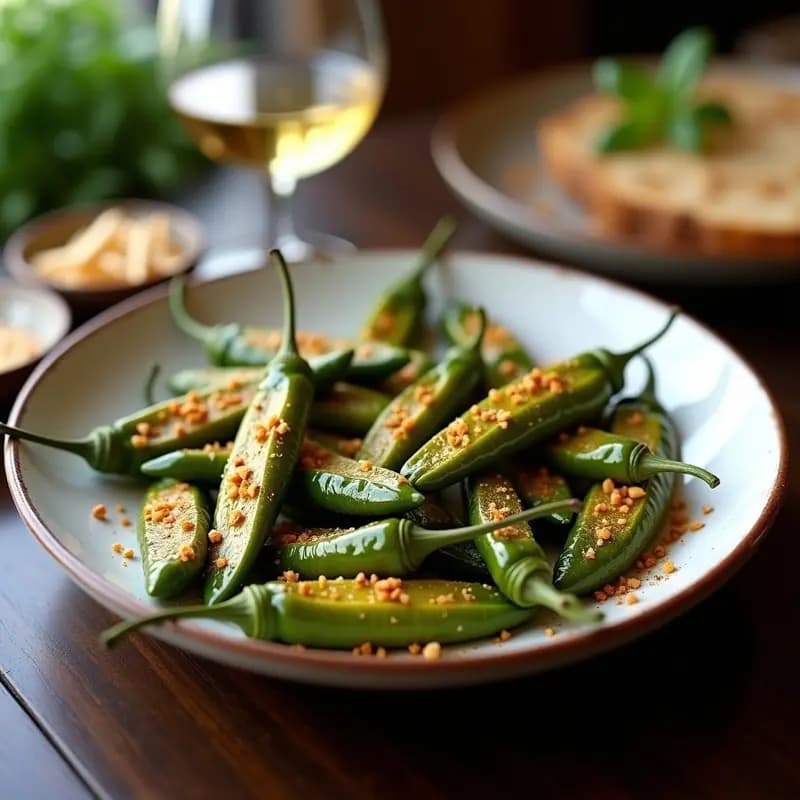 Plato blanco rústico con pimientos de padrón fritos, dorados y brillantes, espolvoreados con sal gruesa marina y ajo en polvo, servidos como tapa española vegana.