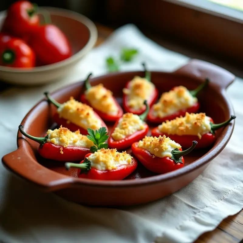 Pimientos del piquillo asados rellenos de brandada de bacalao, dorados y crujientes por fuera, con un relleno cremoso y blanco. Presentados en una fuente de barro rústica sobre un mantel de lino, con un toque de perejil fresco para decorar.