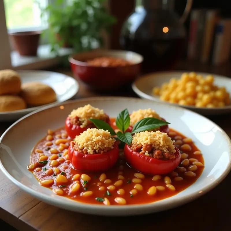Pimientos verdes asados rellenos de arroz y carne picada, gratinados con queso fundido, servidos en una fuente de barro rústica sobre una mesa de madera. Receta de aperitivo caliente tradicional española.