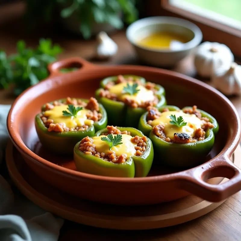 Fuente de barro con cuatro pimientos rellenos de arroz y carne, dorados al horno con queso fundido, acompañados de un fondo rústico y hierbas frescas. Receta valenciana tradicional de pimientos rellenos de arroz y carne.