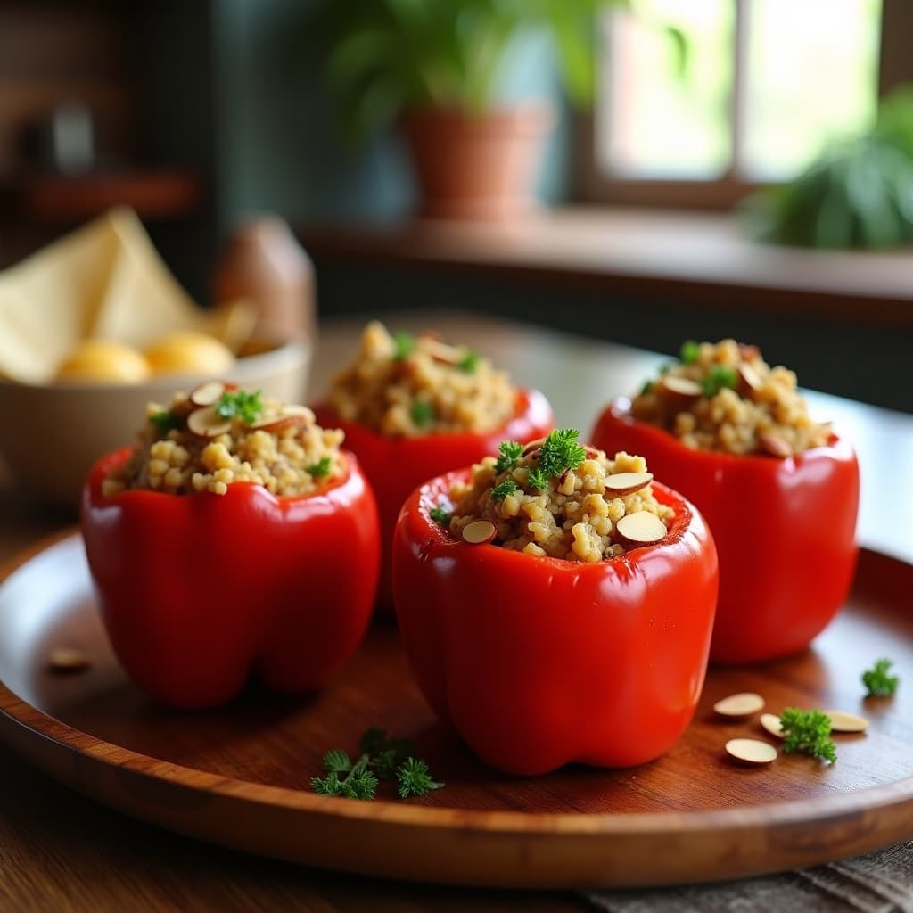 Pimientos rojos rellenos de arroz de coliflor y carne de res keto, horneados hasta dorar, servidos en bandeja rústica de madera con perejil fresco y almendras fileteadas.