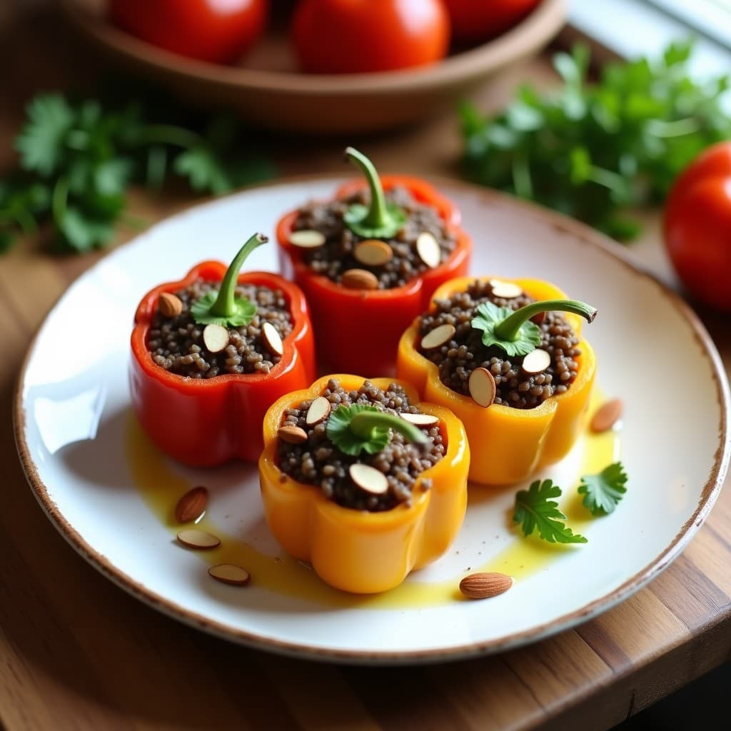 Pimientos morrones rellenos de arroz salvaje y champiñones portobello, cocinados en olla lenta, servidos en plato blanco con almendras fileteadas y perejil fresco.