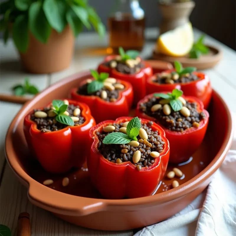 Fuente de barro rústica con seis pimientos rojos rellenos de arroz salvaje oscuro y pasas doradas, horneados al punto. Decorados con hojas de menta fresca y piñones tostados, sobre un fondo de madera clara con especias turcas esparcidas.