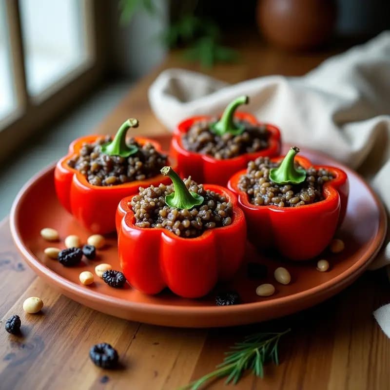 Pimientos morrones rojos rellenos de arroz salvaje oscuro y setas, con piñones y perejil fresco, servidos en un plato de barro griego con fondo de madera rústica. Receta de pimientos rellenos de arroz salvaje y setas al estilo griego para olla express.