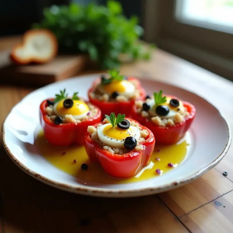 Pimientos del piquillo rellenos de una mezcla cremosa de atún, huevo duro picado, aceitunas y cebolla morada, decorados con perejil fresco y un hilo de aceite de oliva virgen extra, servidos en una fuente de cerámica blanca sobre fondo rústico.