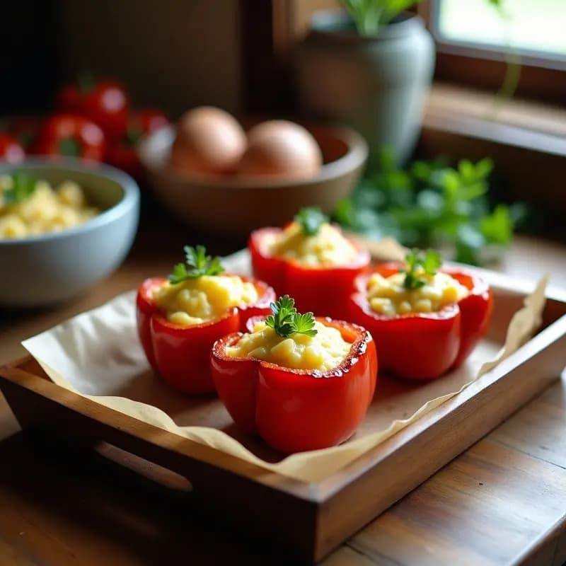 Pimientos rojos asados rellenos de bacalao desalado y huevos duros picados, con perejil fresco, servidos en bandeja de madera rústica. Receta vasca tradicional de pimientos rellenos de bacalao y huevo.