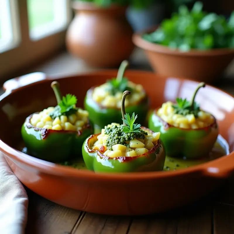 Plato de pimientos verdes rellenos de bacalao desmenuzado y patata, horneados y bañados en una salsa verde casera con perejil fresco. Receta tradicional vasca servida en fuente de barro.