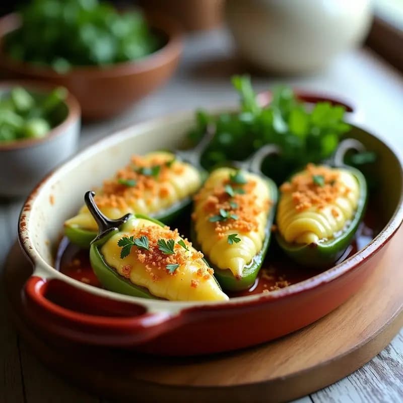 Pimientos verdes italianos rellenos de brandtada cremosa de bacalao y patata, horneados y dorados, servidos en una fuente de barro con perejil fresco espolvoreado. Plato de verano ligero y tradicional español.