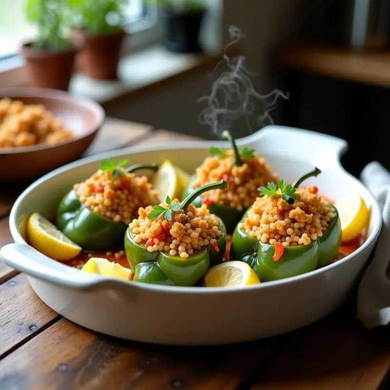 Fuente de horno con cuatro pimientos verdes rellenos de arroz dorado y marisco, coronados con pan rallado tostado. Acompañados de perejil fresco y rodajas de limón, con un fondo rústico de madera.