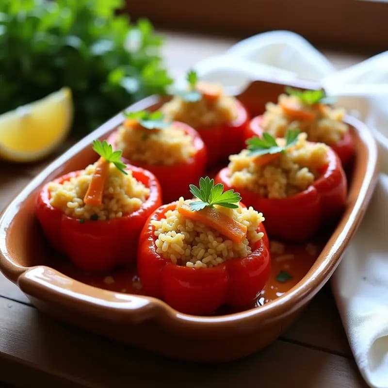 Pimientos morrones rojos rellenos de arroz y marisco, horneados hasta dorarse, con un toque especiado típico de Cádiz, servidos en una bandeja de barro sobre fondo rústico.