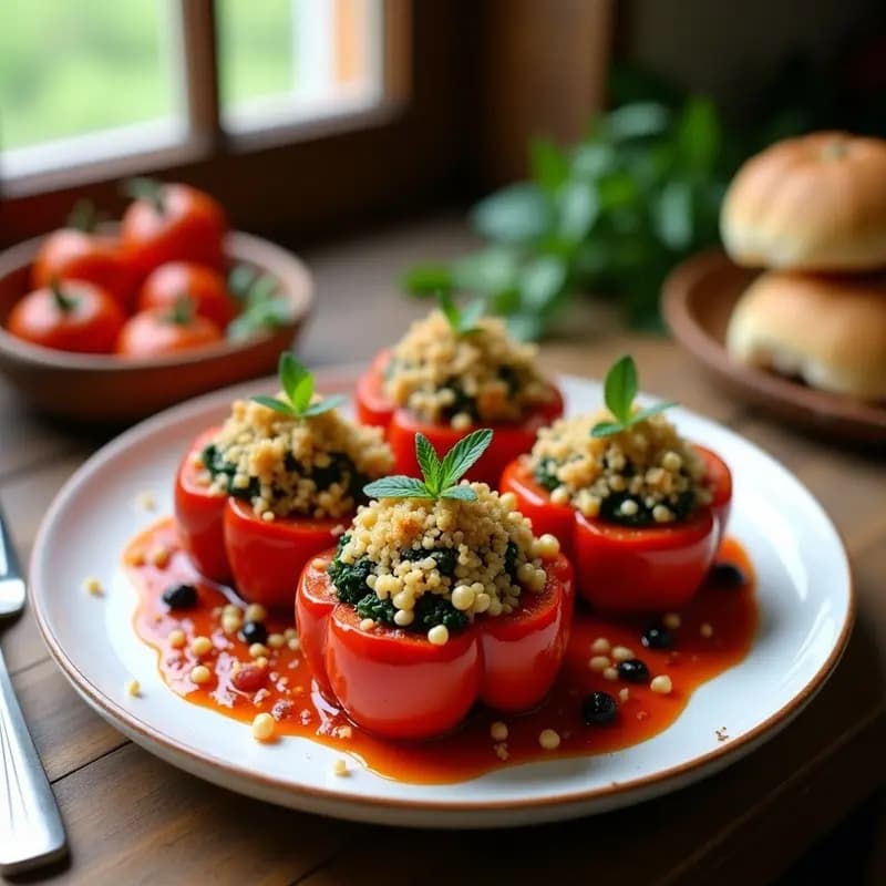 Pimientos rojos asados rellenos de quinoa y espinacas con salsa de tomate casera en bandeja de horno rústica, decorados con hierbabuena fresca. Receta griega sin lactosa.