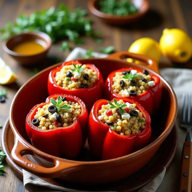 Cuatro pimientos morrones rojos rellenos de quinoa, queso feta desmenuzado, tomates secos y piñones, horneados hasta dorarse, servidos en una bandeja de barro con hierbas frescas y un hilo de aceite de oliva. Receta griega sin gluten de stuffed peppers.