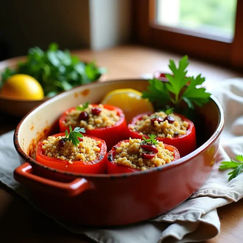 Fuente de barro con cuatro pimientos rojos asados rellenos de quinoa, pasas y almendras, decorados con cilantro fresco y rodajas de limón. Plato de pimientos rellenos de quinoa y pasas, receta armena vegana y alta en fibra.