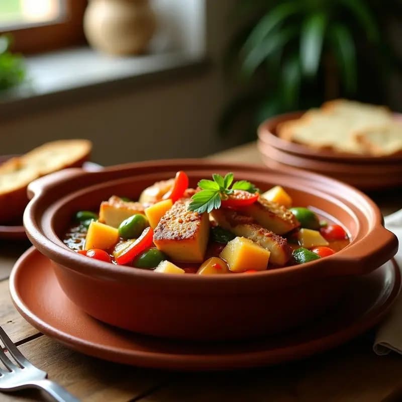 Cazuela de barro humeante con pimineto de verduras y trozos de ventresca de atún, rodeada de pimientos, tomates y patatas. Plato tradicional andaluz servido en mesa rústica.