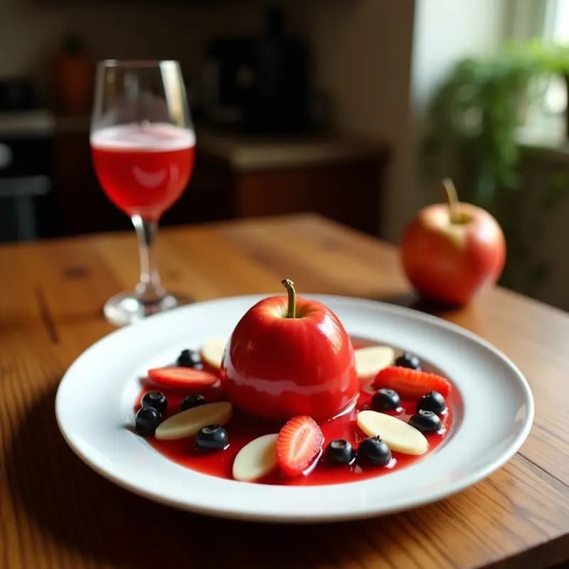 Vaso alto transparente con Pimm’s Cup inglesa sin alcohol, llena de hielo, frutos rojos frescos, rodajas de pepino y hojas de menta, sobre una mesa rústica de madera con fondo de jardín veraniego.