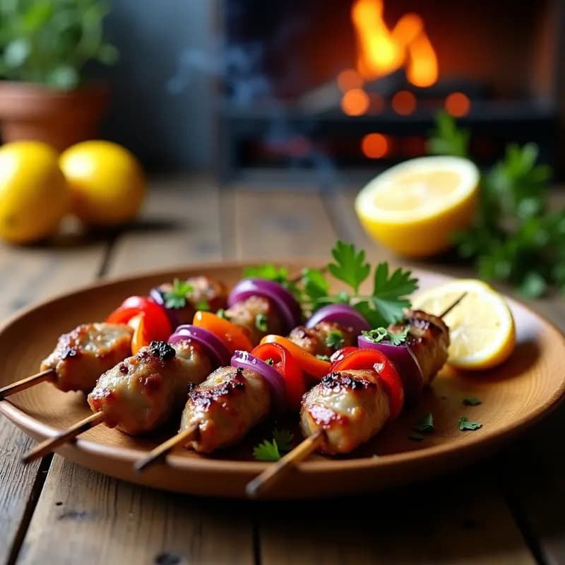 Brochetas de pinchos morunos de cordero con especias y limón, doradas y jugosas, servidas en un plato de madera con rodajas de limón y perejil fresco, sobre un fondo rústico de barbacoa.
