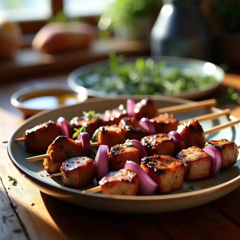 Brochetas de pinchos morunos de cordero con hierbas provenzales, doradas y jugosas, ensartadas en palillos de madera con trozos de cebolla morada, sobre una parrilla humeante con fondo rústico de mesa de madera y hierbas frescas.