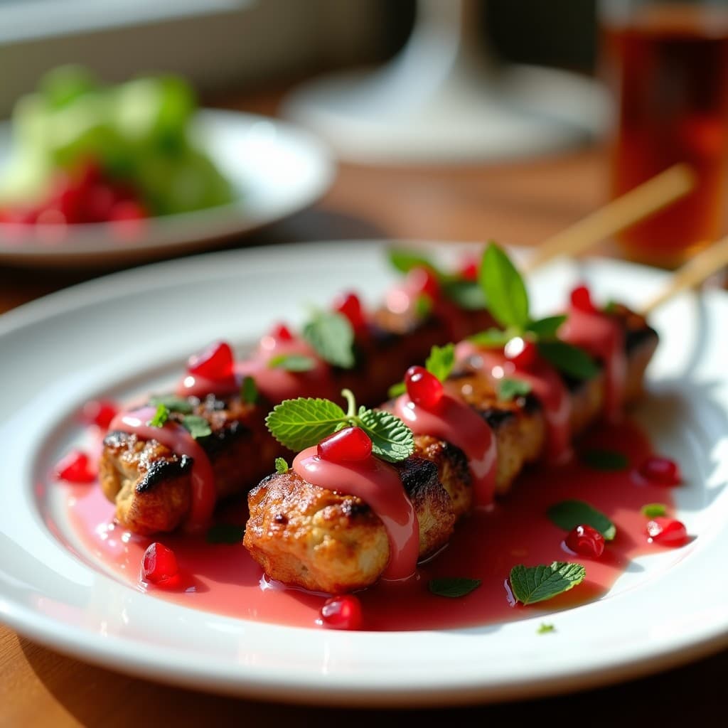 Pinchos de ternera dorados en palillos de madera sobre una fuente de cerámica blanca, bañados con salsa de granados y menta de color rojo vibrante, decorados con semillas de granada y almendras fileteadas tostadas. Al fondo, hojas de menta fresca y rodajas de limón. Receta griega en Airfryer con toque ácido.