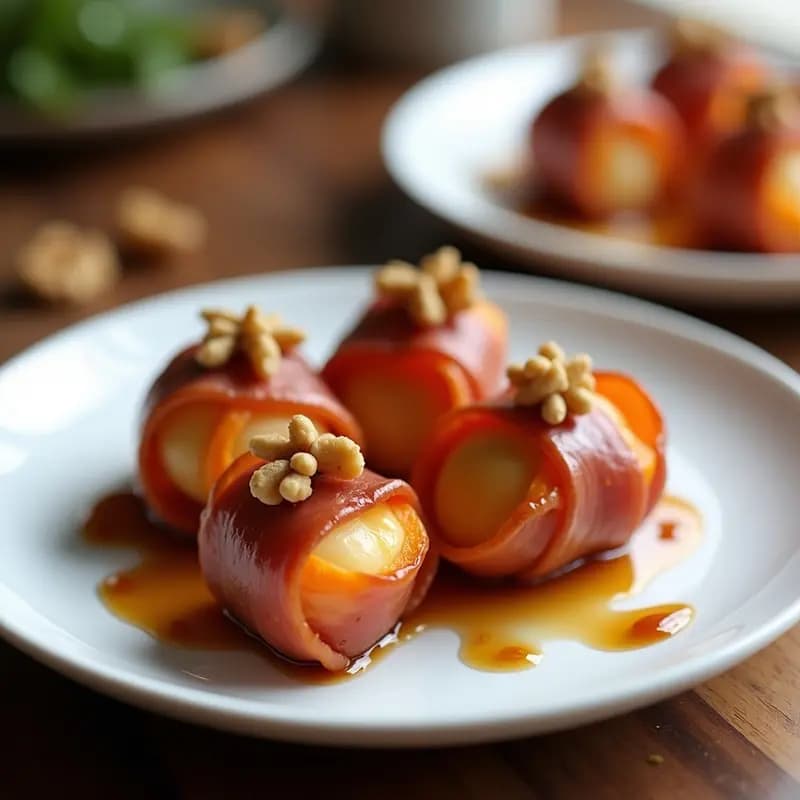 Piononos de batata y queso de cabra en plato blanco, enrollados en jamón crudo dorado, con glaseado brillante de miel y vinagre balsámico, espolvoreados con nueces picadas. Entrante argentino sin gluten y gourmet, presentación elegante.