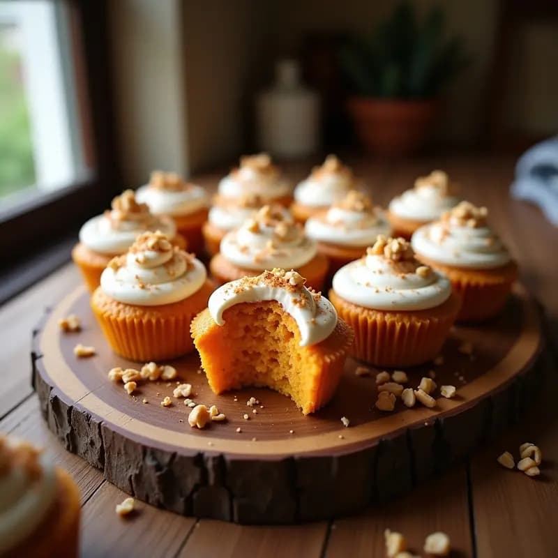 Piononos argentinos keto de camote y nuez en capacillos de papel, con merengue dorado y nueces picadas tostadas, servidos en bandeja de madera rústica.