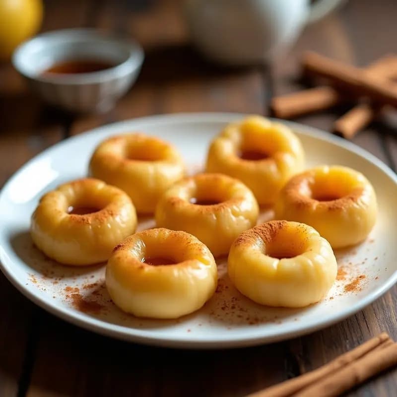Piononos de plátano macho y queso de soja en moldes dorados, postre puertorriqueño sin lácteos, servidos en plato blanco con sirope de agave y canela espolvoreada.